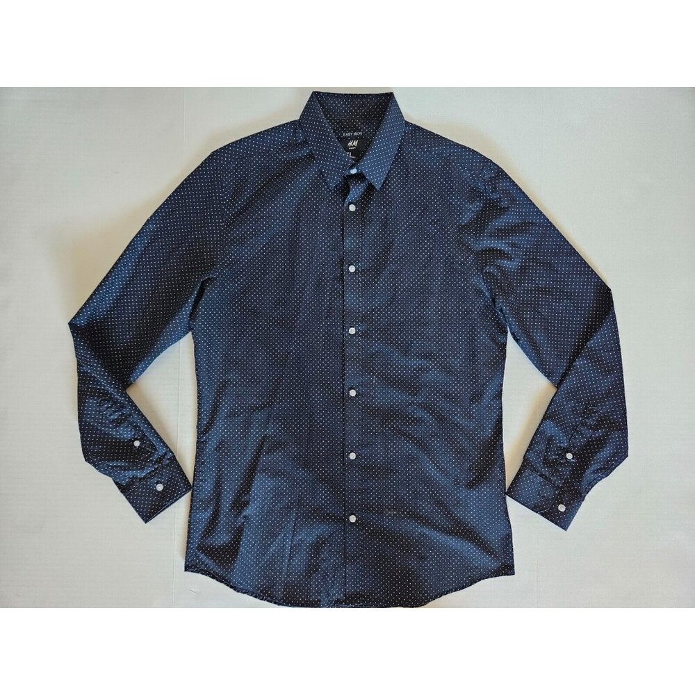 H&M Men's Slim Fit Easy-Iron Shirt - Black/Dotted Size M